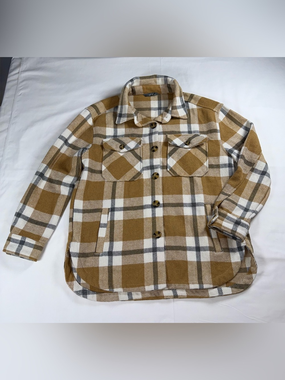 Kids Plaid Shacket Jacket in Camel and White